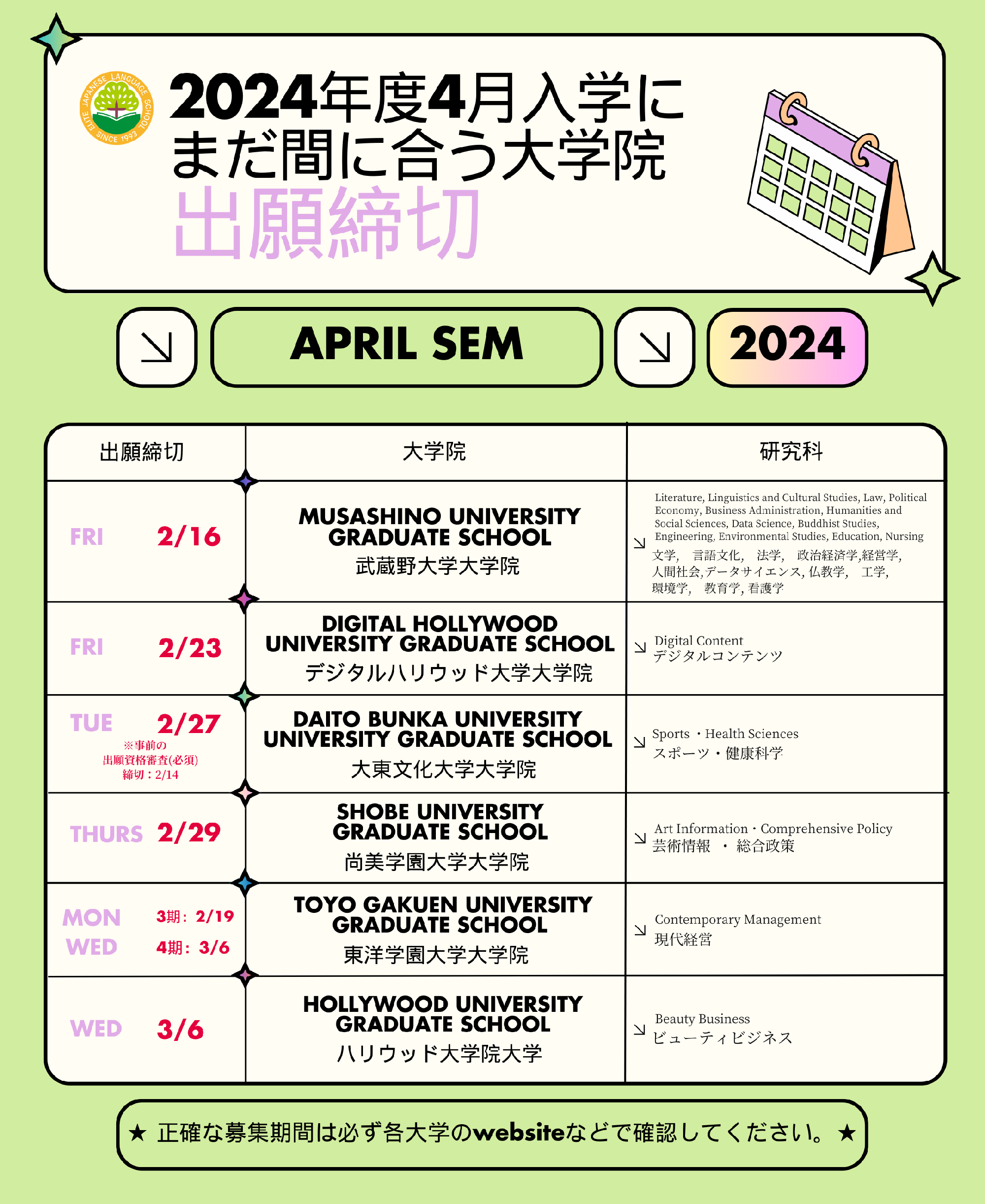 Graduate Schools with Open Admissions for April 2024 Enrollment