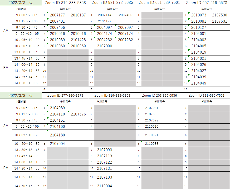 Time Table of Placement Test Oral Exam（8th,9th,10th of Mar. )