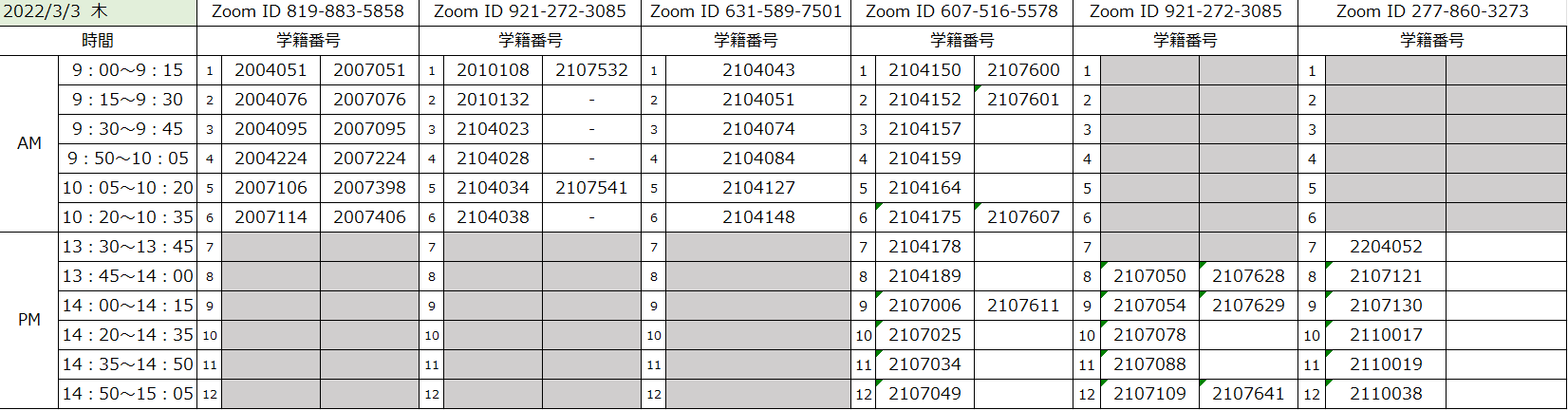 Time Table of Placement Test Oral Exam